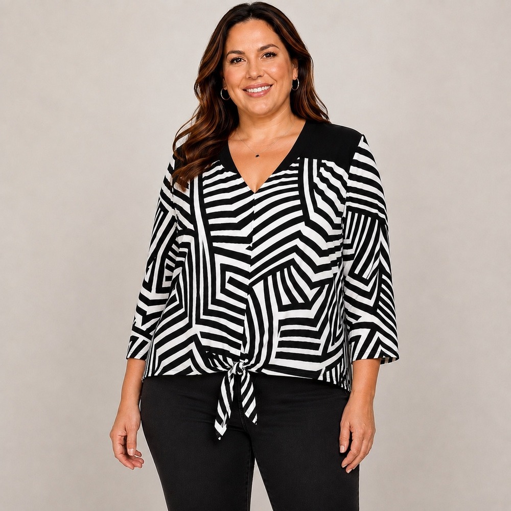 Alfani Blouse 2X Black White Geometric Tie Front V Neck Plus Size Top Made USA